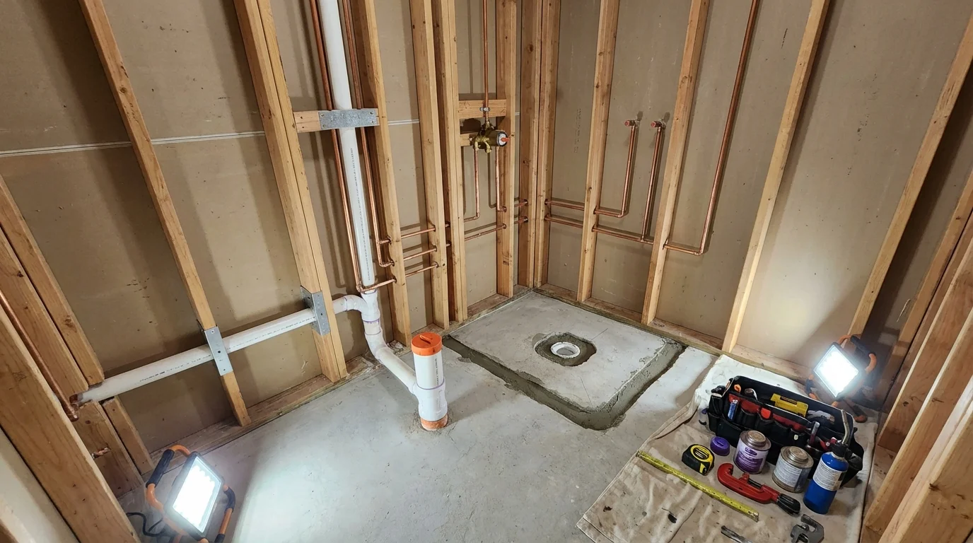 Bathroom rough-in plumbing during remodel by Johns Plumbing LLC in Saint Paris