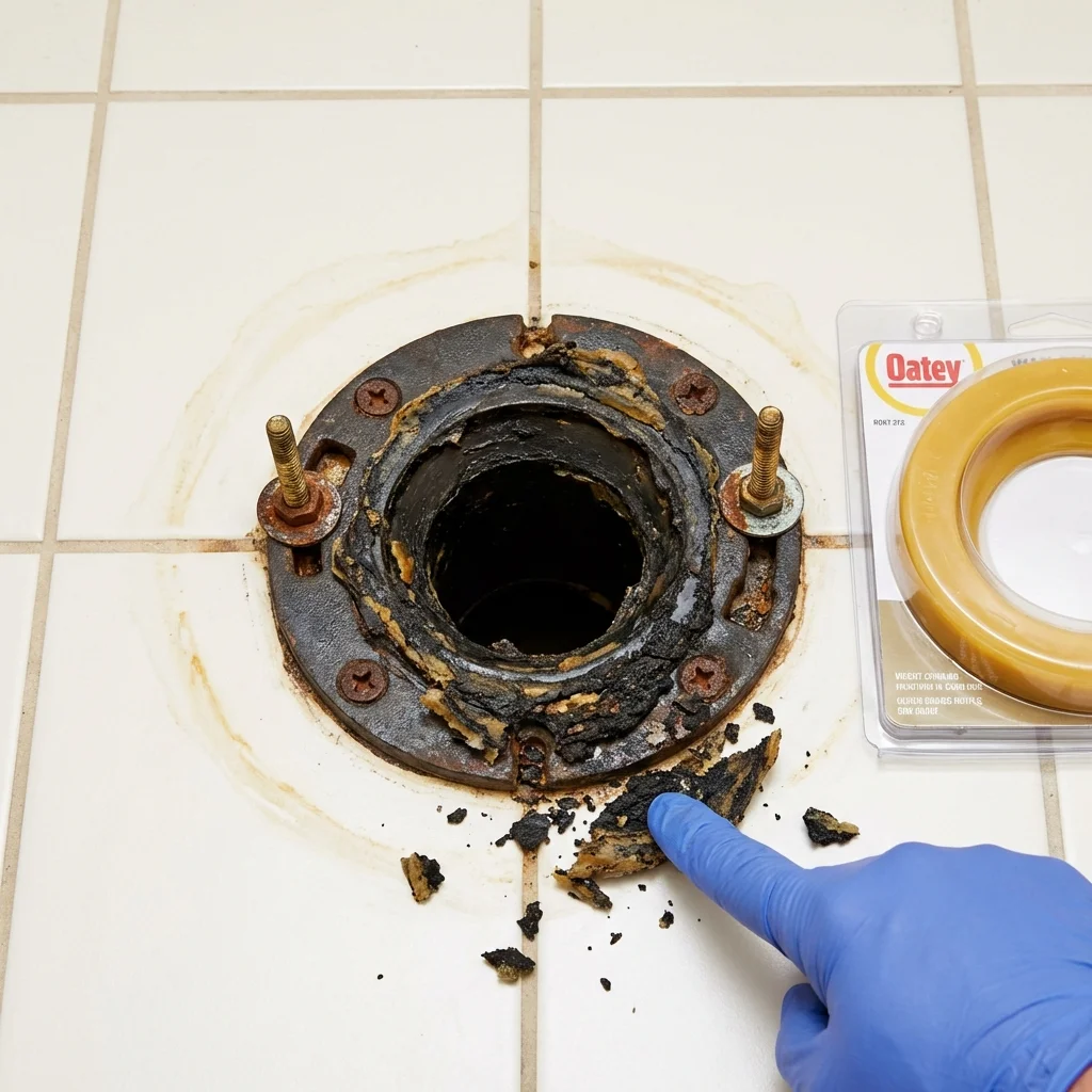 Failed wax ring showing water seepage at the base of a toilet in a Saint Paris, OH home