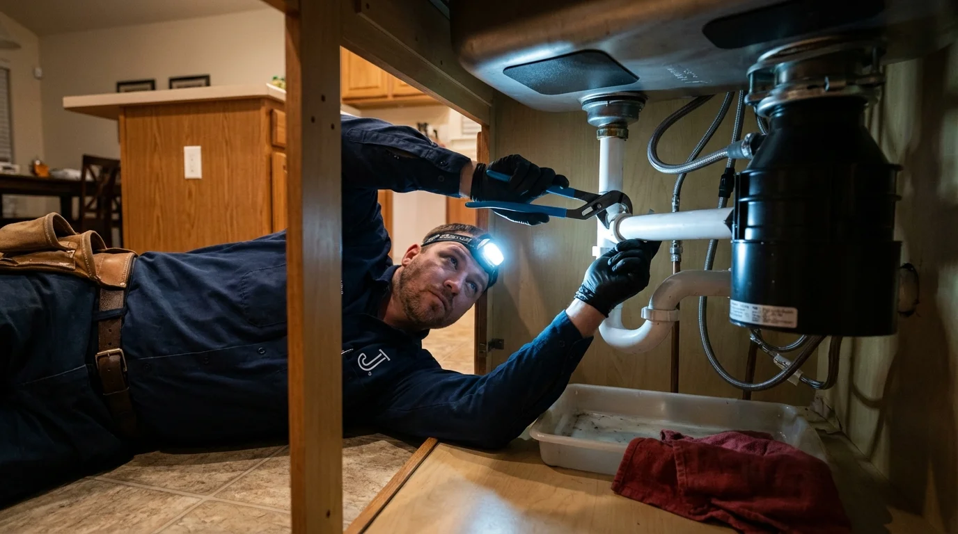 P-trap and supply line connections under a kitchen sink showing a common leak point in Saint Paris, OH